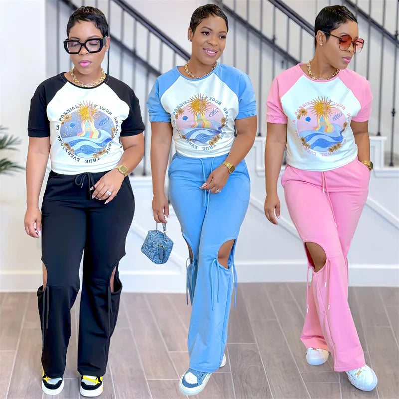 Summer Two Piece Sets Women Short Sleeve Letter Sun Print T Shirts Top Drawstring Cut Out Hole Pants Outfits Casual Tracksuits