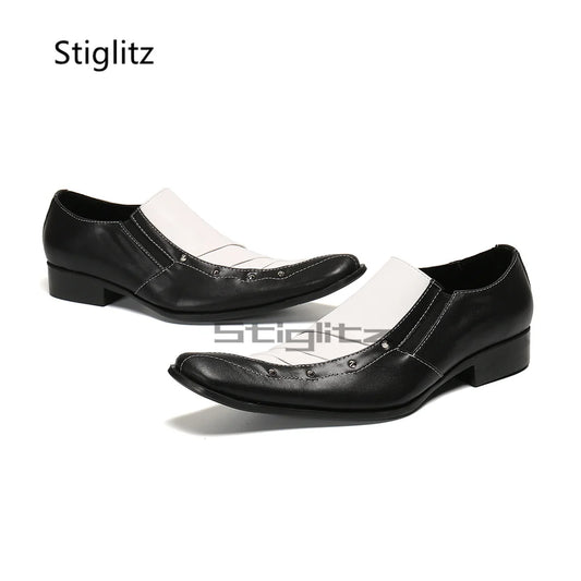Visco Black White Men Dress Leather Shoes Small Square Toe Rhinestone Mixed Colors Prints Genuine Leather Party Banquet Business Shoes