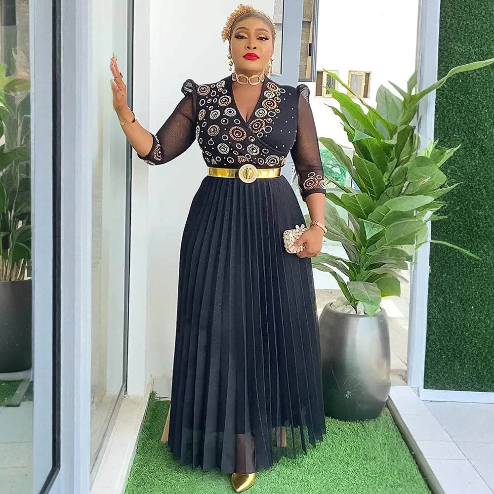 Amay High Quality African Prom Dress Luxury Plus Size Rhinestone Long Evening Dress