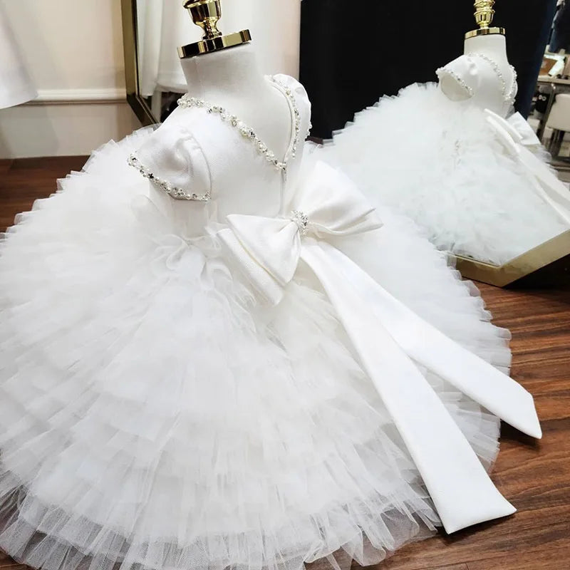 Amay Baby Girls White Lace Princess Tutu Dress Kids Infant Layered Tulle Dress Ball Gown Children Birthday Party Christmas Dresses