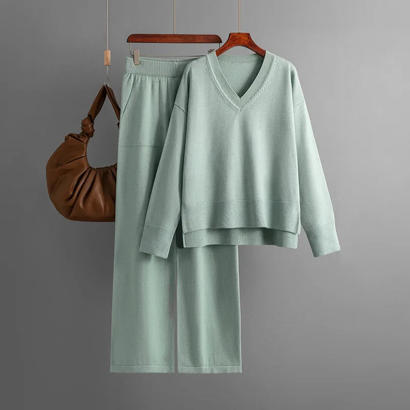 Macy Knit Sweater 2 Pieces Sets Women Loose V-neck American Tops Conjuntos Waist Ankle Length Wide Leg Pants Tracksuit E1136