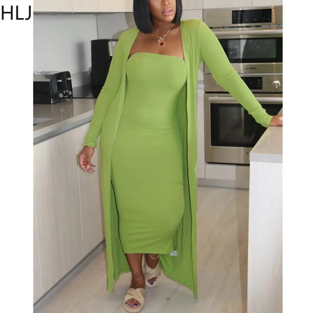 Maxy Casual Off Shoulder Bodycon Dress and Long Sleeve Cardigan Coats Women Solid Color Matching 2pcs Outfits Female Tracksuits