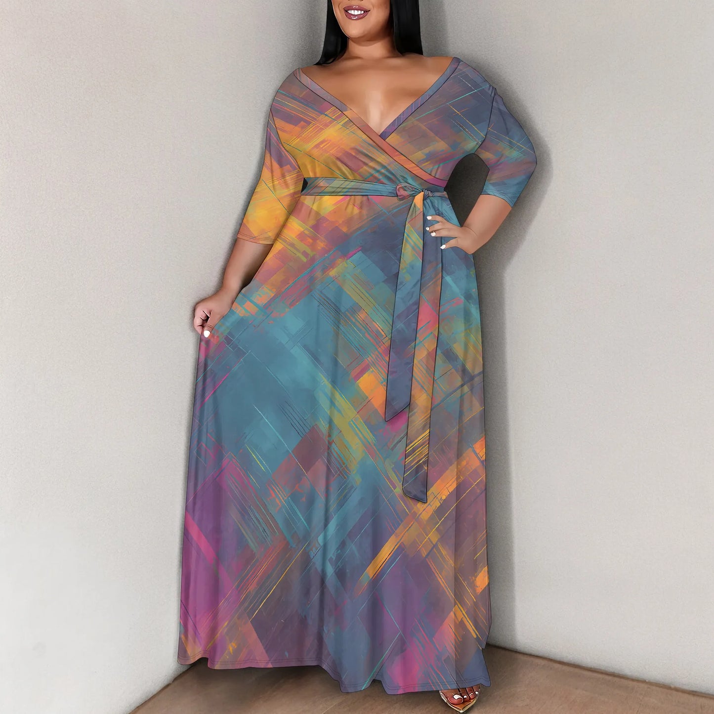 Maxy Plus Size Women's 3/4 Sleeve V-Neck Abstract Colorful Print Wrap Maxi Dress Fashion Boho Summer Style