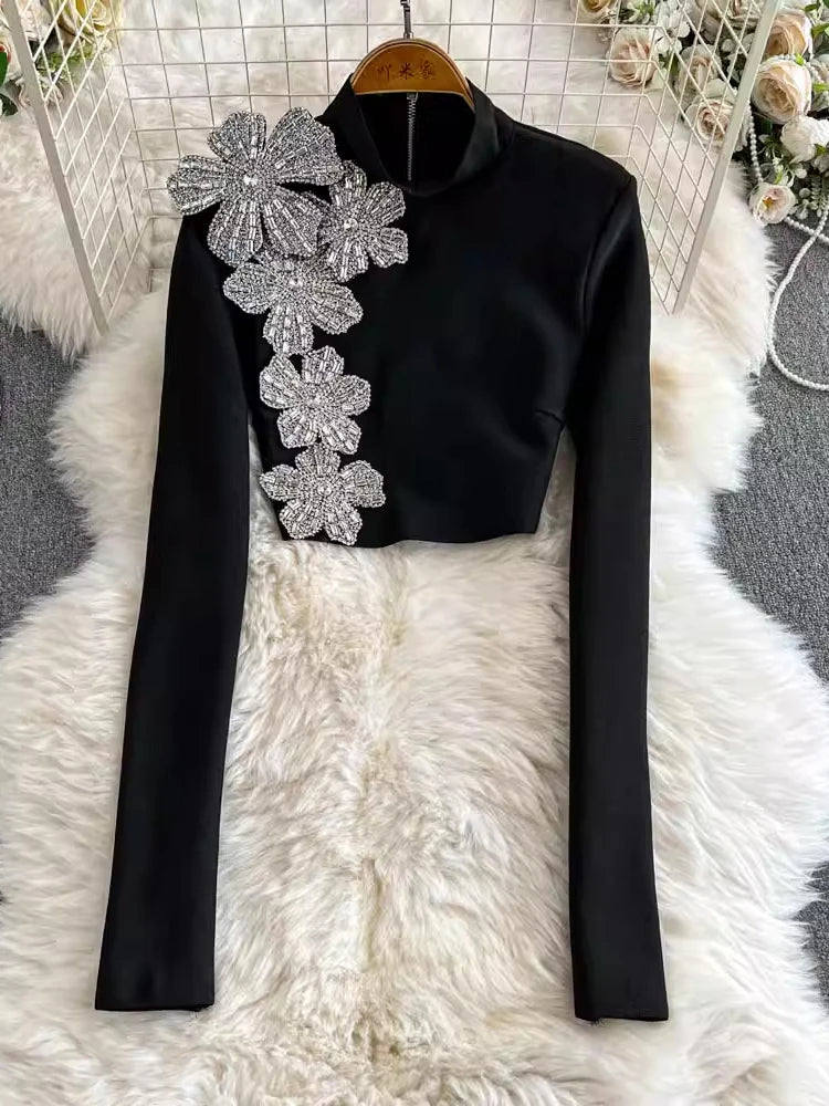 Maxy Elegant Two-piece Set Women's Stand Collar Long Sleeves Diamond Tops With High Waist Split Skirts Spriing New 27X1917