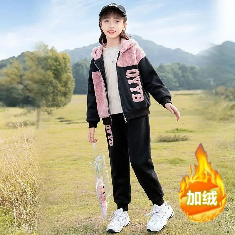 Maxy Autumn winter girls tracksuit Toddler Teenager Clothes letter velvet jacket hoodie + Pant Children Kids 5 8 9 10 11 12 year