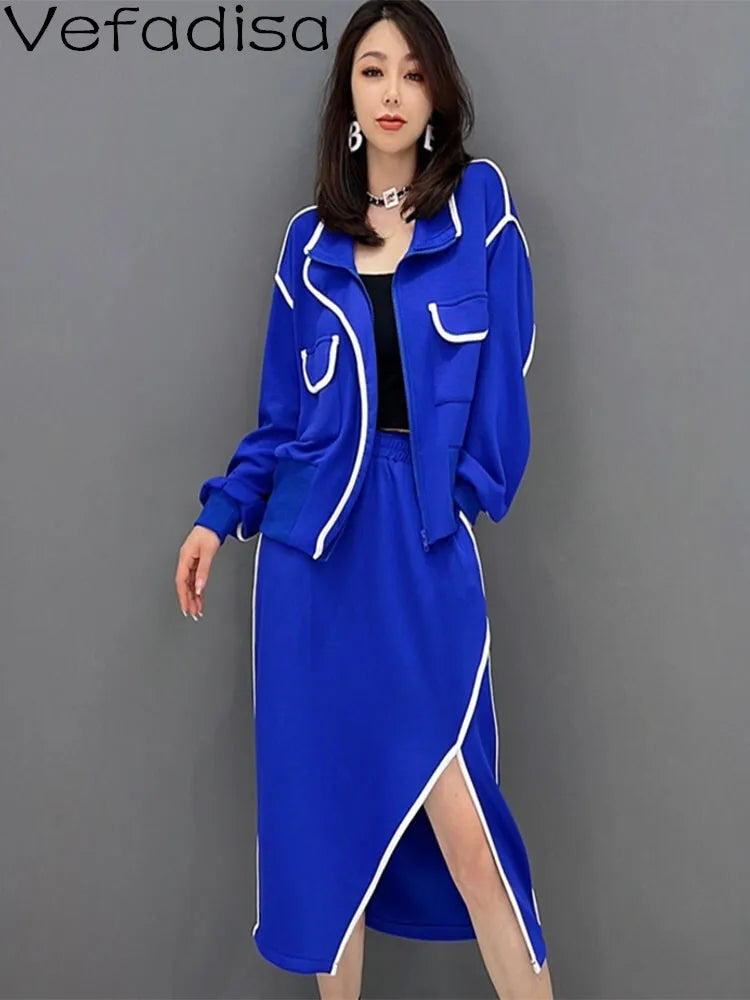 Vefadisa Stripe Splicing Zipper Cardigan Coat Suit Women + Elastic Waist Irregular Split Skirt Suit 2025 Spring Autumn LHX2103