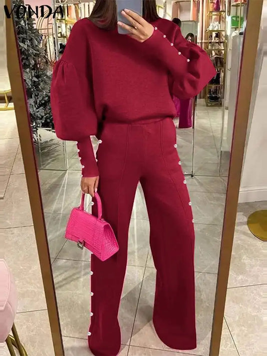 Maxy Plus Size Pant Sets Autumn Women O-neck Long Lantern Sleeve Tops Loose Trousers Causal Solid Suits American Style