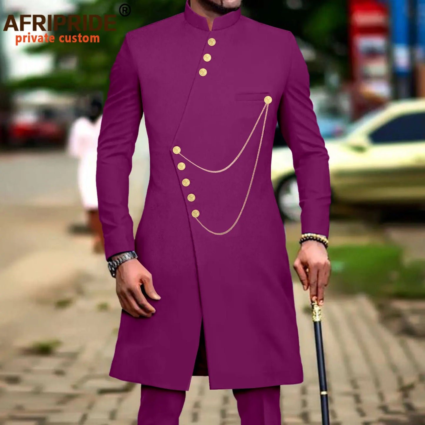 Maxy Men`s Suit African Clothes Dashiki Single Breasted Long Jackets and Pants 2 Piece Set Slim Fit Formal Outfits Coats A2316014