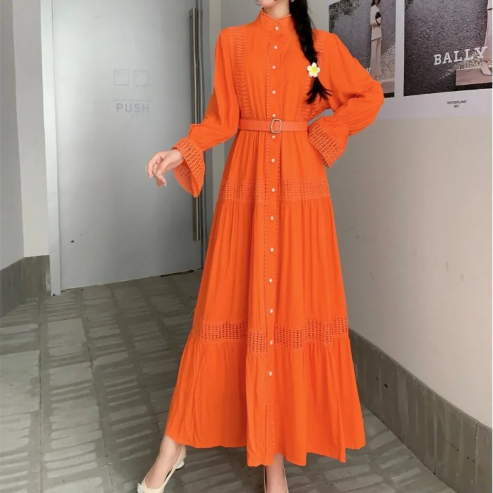 Maxy Retro Elegant Summer Stand Collar Flare Sleeve Single Breasted Lace Spliced Dress A-line French Evening Party Women Dresses
