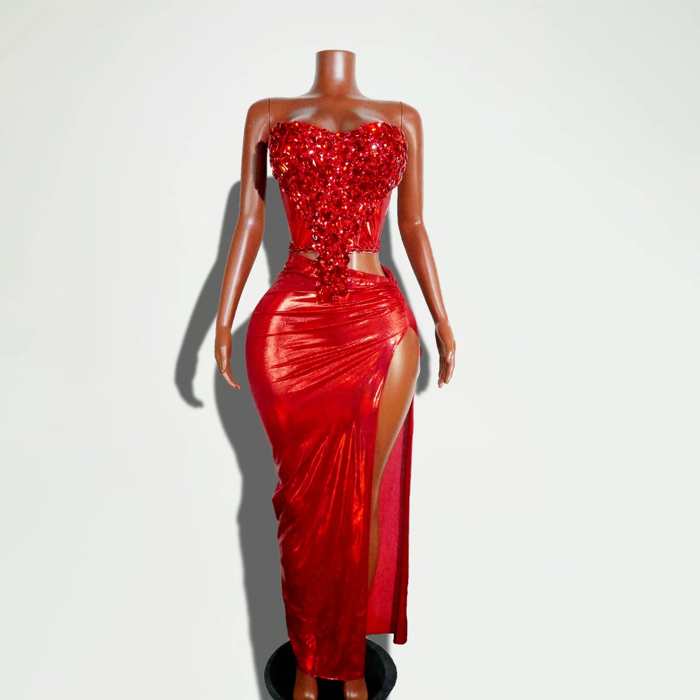 Sparkling Red Rhinestone High Slit 2PCS Long Dress Sequin Christmas Birthday Party Wedding Gown Nightclub Stage Wear Performance