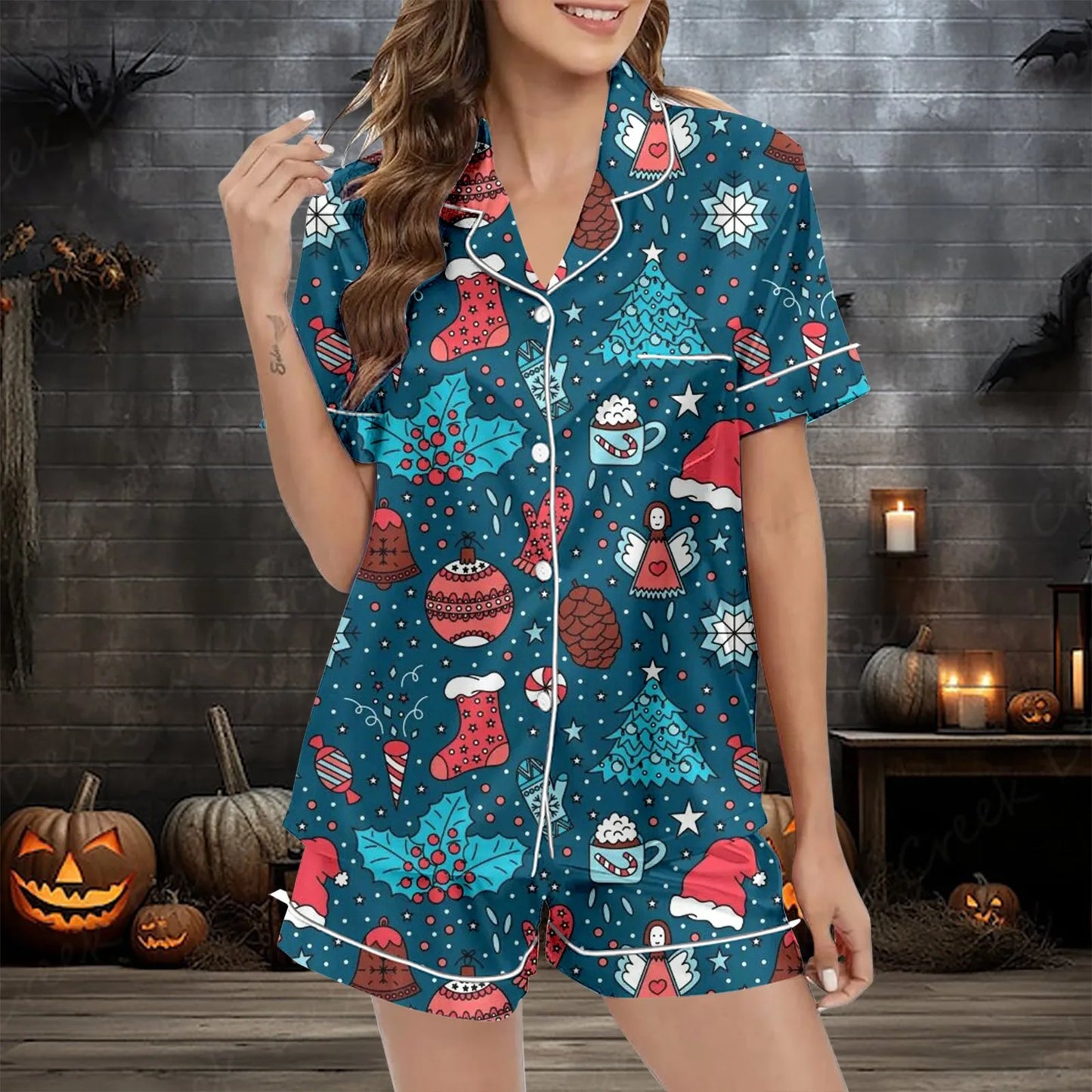 Womens Christmas Print Shorts 2 Piece Set Sleepwear Pants Suit Soft Comfortable Button-Down Sleepwear Female Nightwear 2024