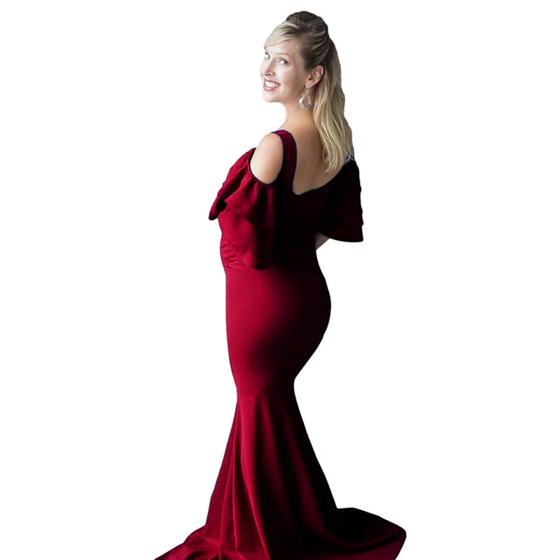 Maxy Maternity Long Dress Ruffles Off Shoulder Stretchy Sleeveless Pregnancy Dresses Slim Fitted Gown Photography Dress