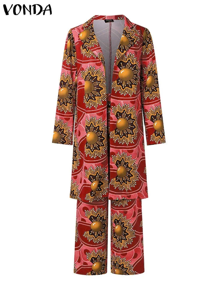 Maxy Plus Size Women Sets Two Piece Holiday Bohemian Printing Elegant Long Sleeve Outfits Fashion Casual Simple 2pc Suits