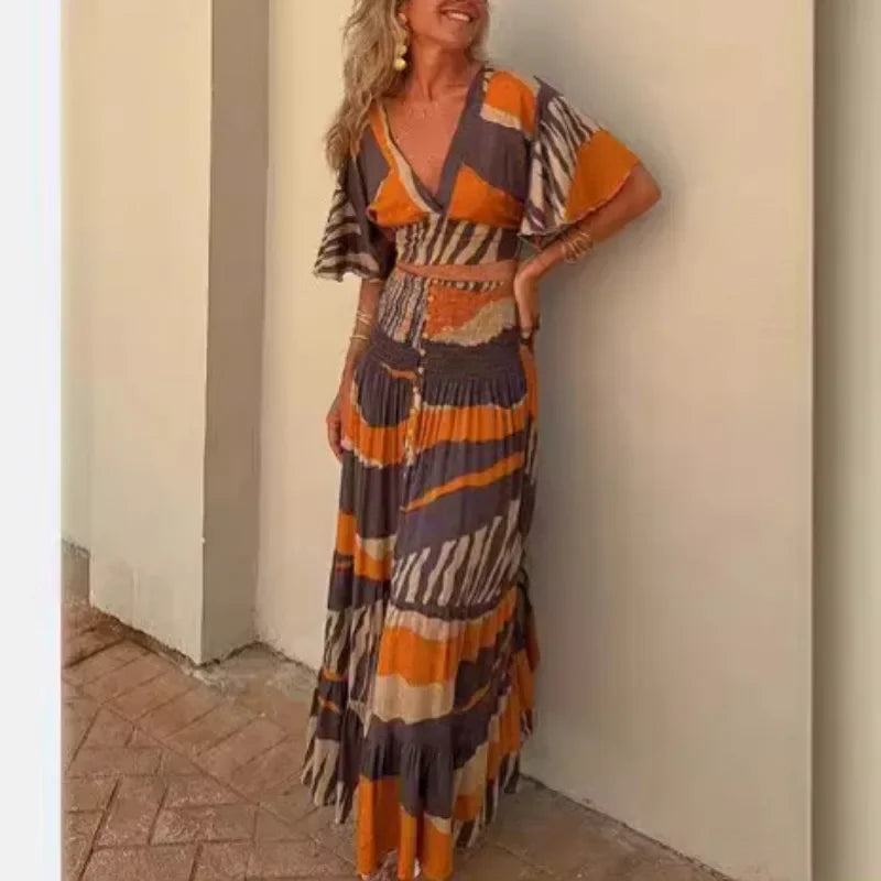 Maxy Boho Dress Women's Sexy Deep V-belt Top Set Skirt Pleated Slit Casual Beach Skirt Temperament Commuting Summer