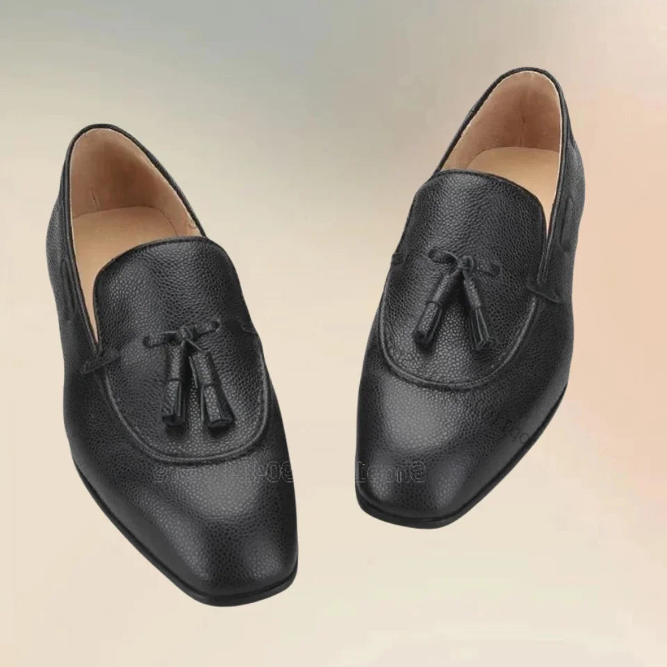 Amay Black Lychee Print Tassels Decor Square Toe Loafers Fashion Slip On Men Shoes Luxury Handmade Party Feast Office Men Dress Shoes