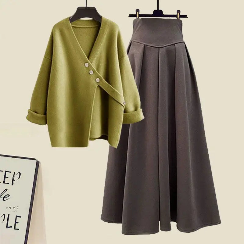 Amay Autumn and Winter Fashion Women's Set New Korean Knitted Sweater Sweater Age Reducing Slim Half Skirt Two Piece Set