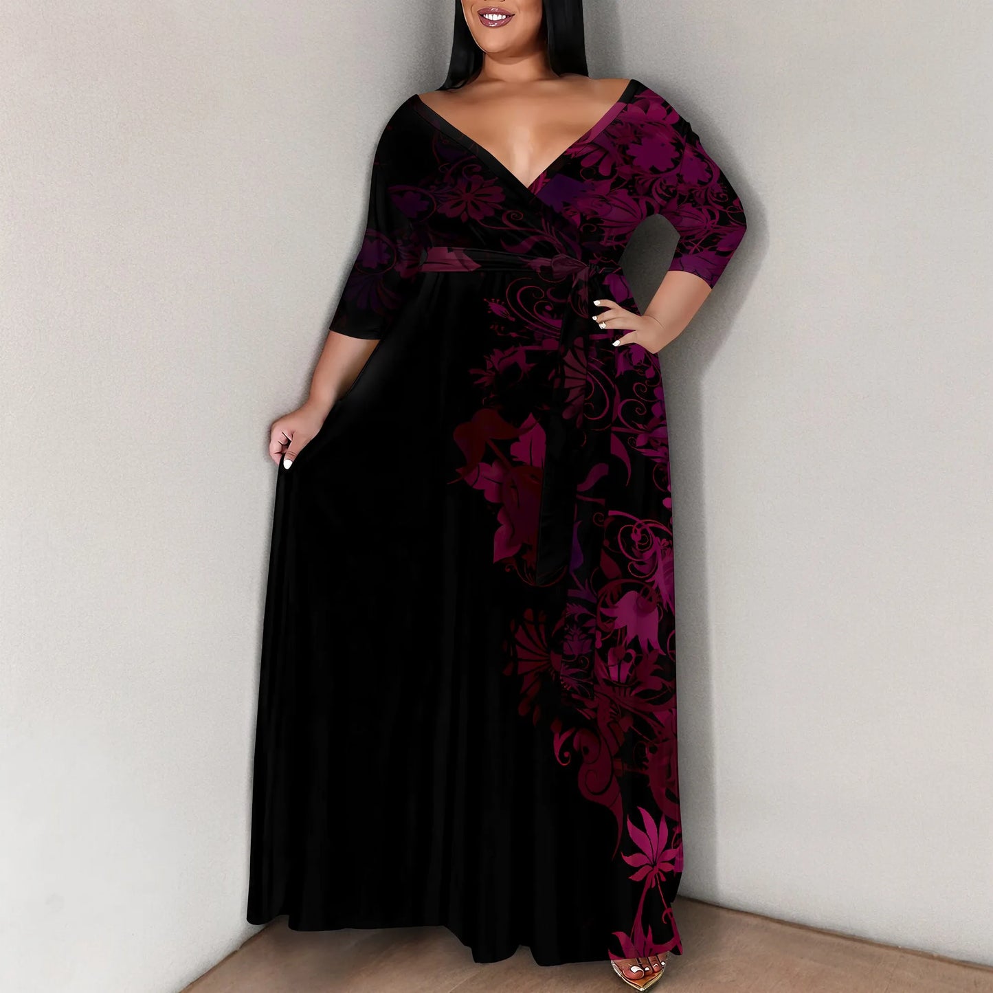 Maxy Plus Size for Women Summer Casual Floral Printing V Neck 3/4 Sleeve Maxy Floor Dress Lace Up Beach Sundress