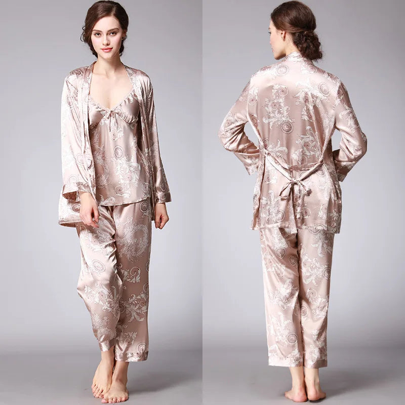 Amay Women's Silk Satin Pajamas Set 3 Pcs Floral Silky Pj Sets Sleepwear Cami Nightwear with Robe and Pant