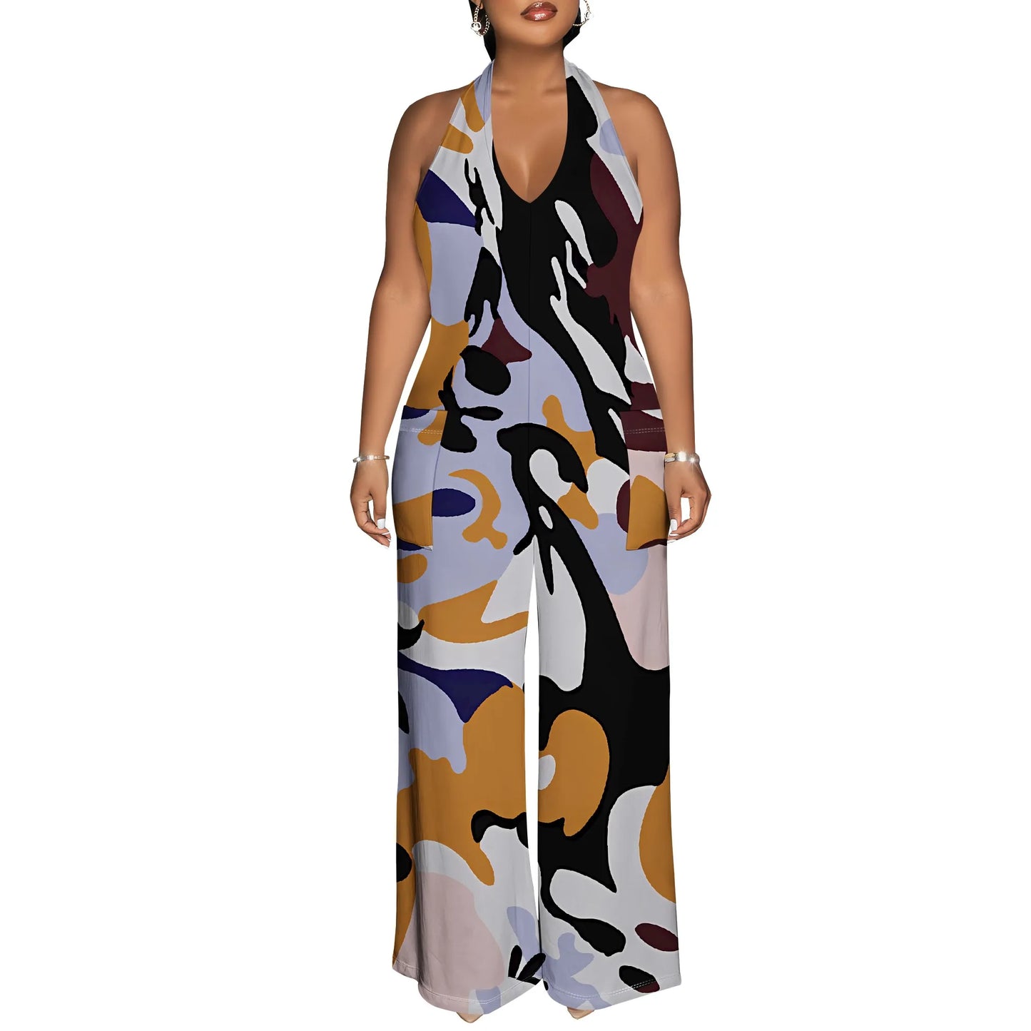 Maxy Bold Abstract Brushstroke Halter V-Neck Maxy Dress - Women's Modern Artsy Party Resortwear Evening Beachwear