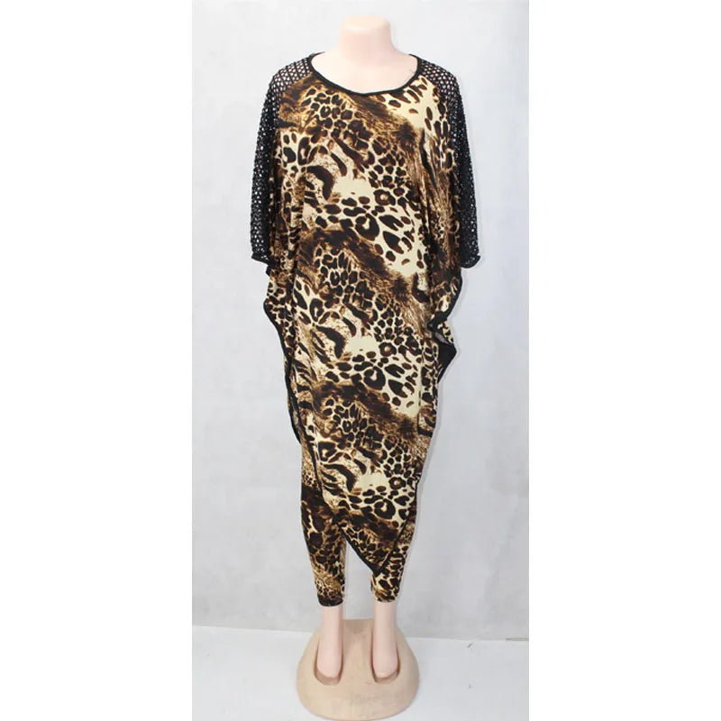 Amay Dashiki African New Fashion Suit (Dress and Trousers) Bat Sleeves Leopard Grain Sexy   Super Elastic  For Lady(BW01#)