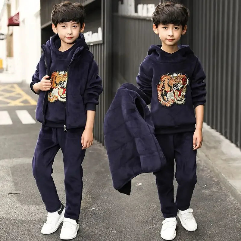 Visco 2024 winter Boys tracksuit Autumn Toddler Teenager Clothes tiger velvet jacket + Sweater + Pant Children Kids 8 9 10 11 12 year