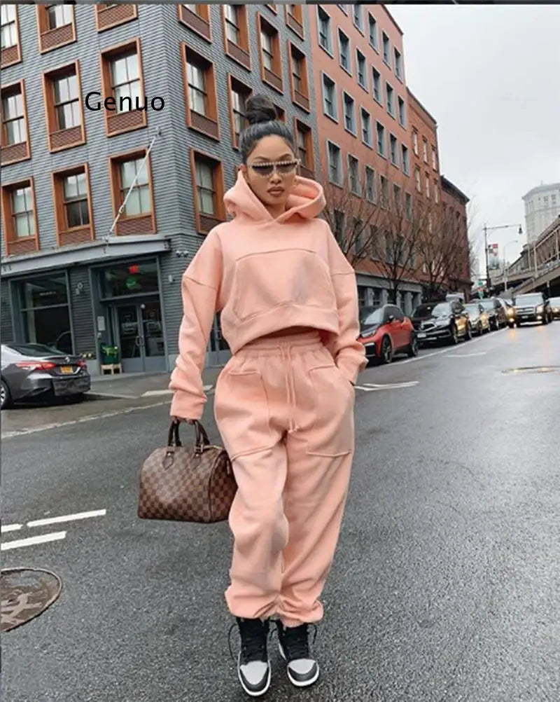 Maxy Hooded Tracksuit Two Piece Set Women Spring Autumn Clothes Long Sleeve Pullover Crop Top And Pants Casual Fashion Female Suits