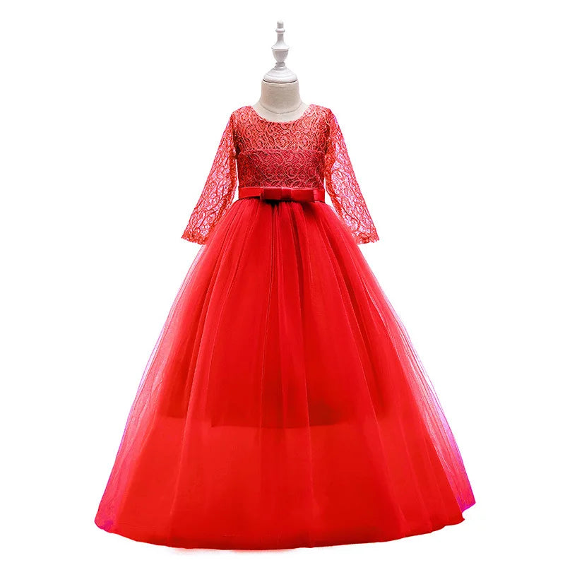 Maxy Girls Lace Embroidered Bow Princess Dress Long Sleeve Tulle Gown For Toddler First Communion Bridesmaid Wedding Birthday Party