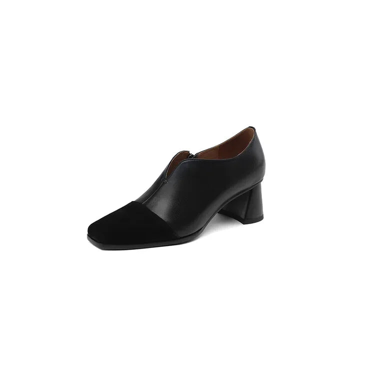 Maxy Autumn Genuine Leather Loafers French Square Toe Chunky Heel High Heels Winter Women Pumps Shoes For Women Zaptos Mujer