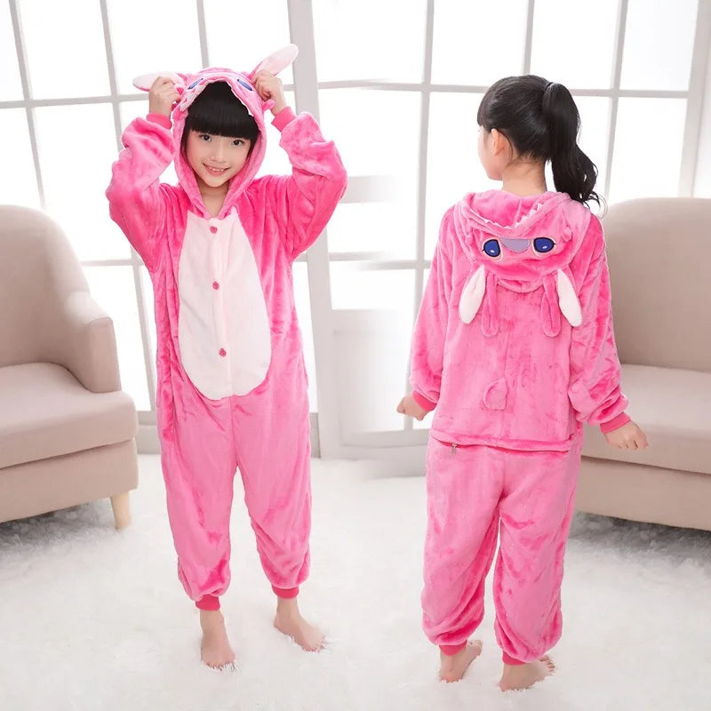 Maxy Christmas Cartoon Lilo & Stitch One-Piece Pajamas Disney Children Plush Kigurumi Onesies Winter Warm Clothes Boys Girls Gift
