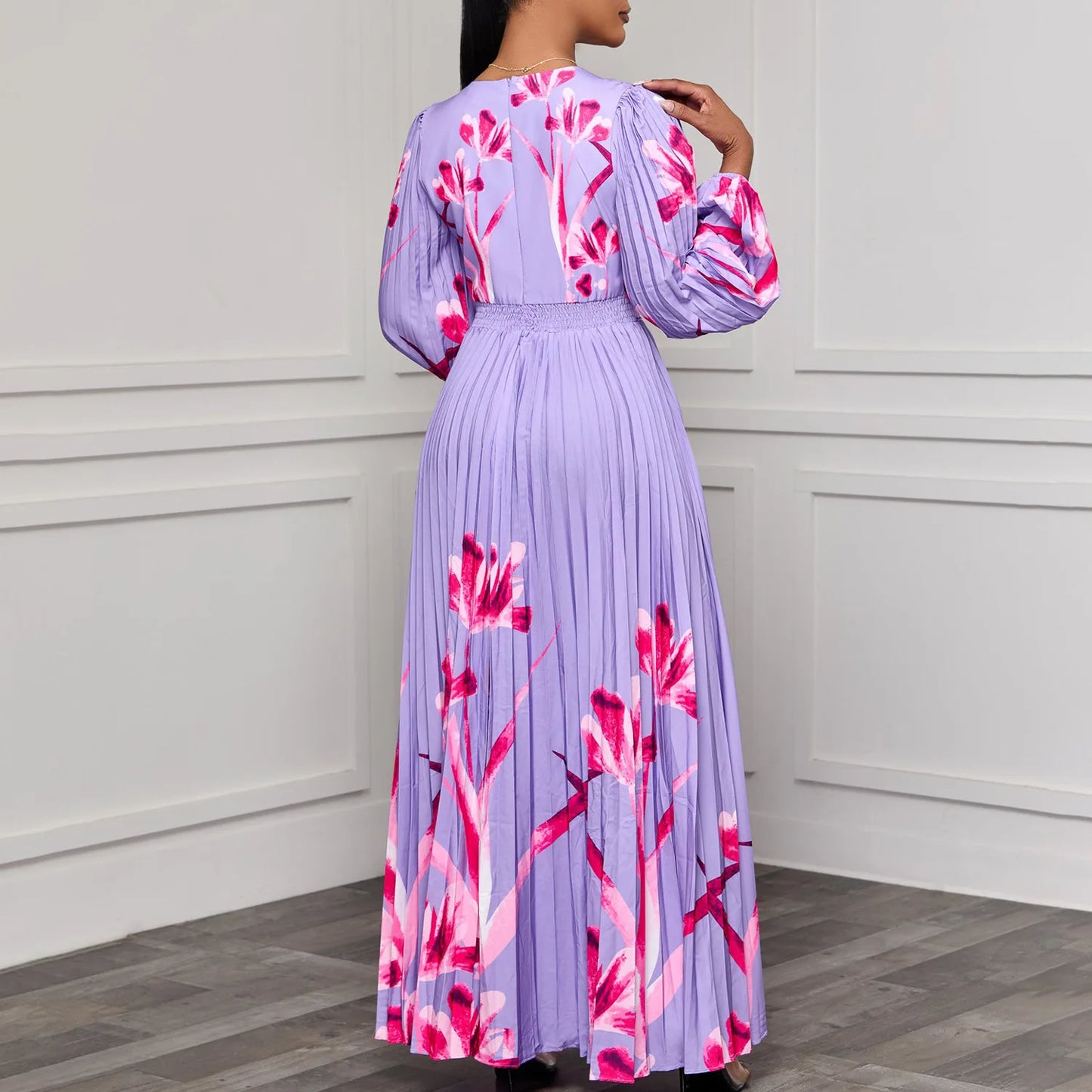 Amay Pleated Dresses Elegant Long Lantern Sleeves V Neck Printed Church Dress for Women Prom Occasion Wedding Guest Modest Gowns