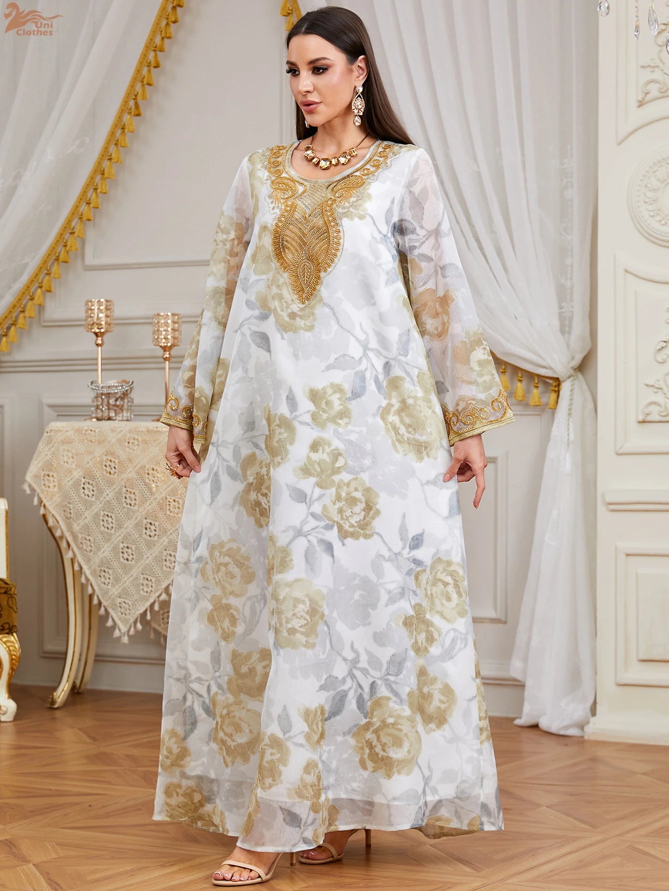 Zahraa 2026 Eid Muslim Beaded Printed Long Dress Elegant Modest Abaya Islam Clothing Dubai for Woman Party Dresses Jalabiya Gown