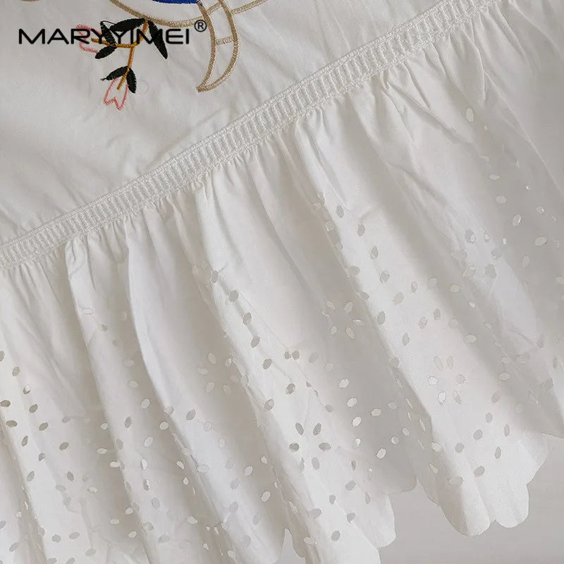 Maxy Fashion Designer dress Spring Autumn Women's Dress Stand collar Flowers Embroidery Hollow out Ruffles Dresses