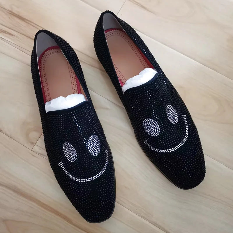Maxy Smiling Face Rhinestone Loafers For Man Handmade Suede Men Shoes Slip On Mens Dress Shoes Party And Wedding Shoes