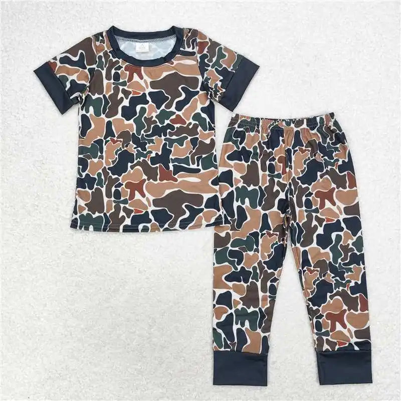 Wholesale western boutique children clothing Baby Boys Christmas Camo Santa Top Pants Pajamas Clothes Set