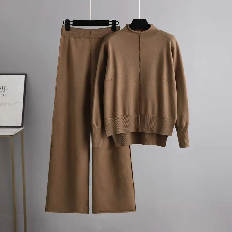 Maxy Winter Sweater for Women Tracksuit Half High Collar Knit Solid Color 2 Piece Set Knitted Pullover Sweater Elastic Trousers Suits