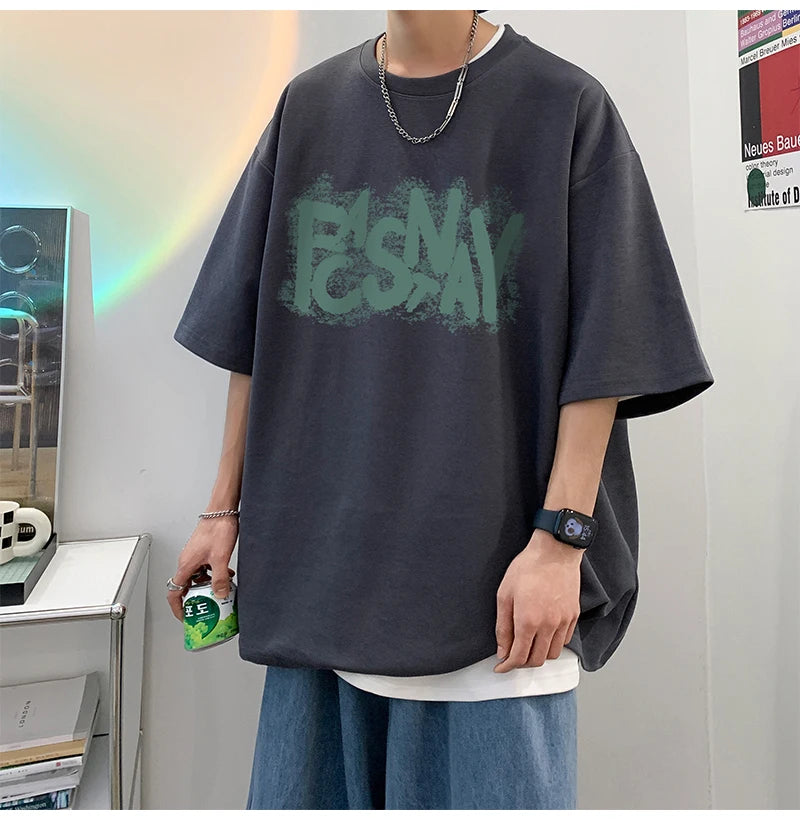 Visco Letter Printed Short Sleeved T-Shirt For Men's Summer Pure Cotton 300g Heavyweight Fashion Label Oversize Half Sleeve S-5XL