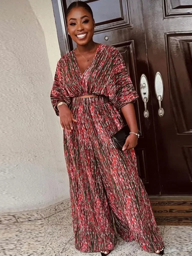 Maxy Two Piece Set Africa Clothes African New Dashiki Fashion Flower Print Suit Top Trousers Super Elastic Party For Women Outfits