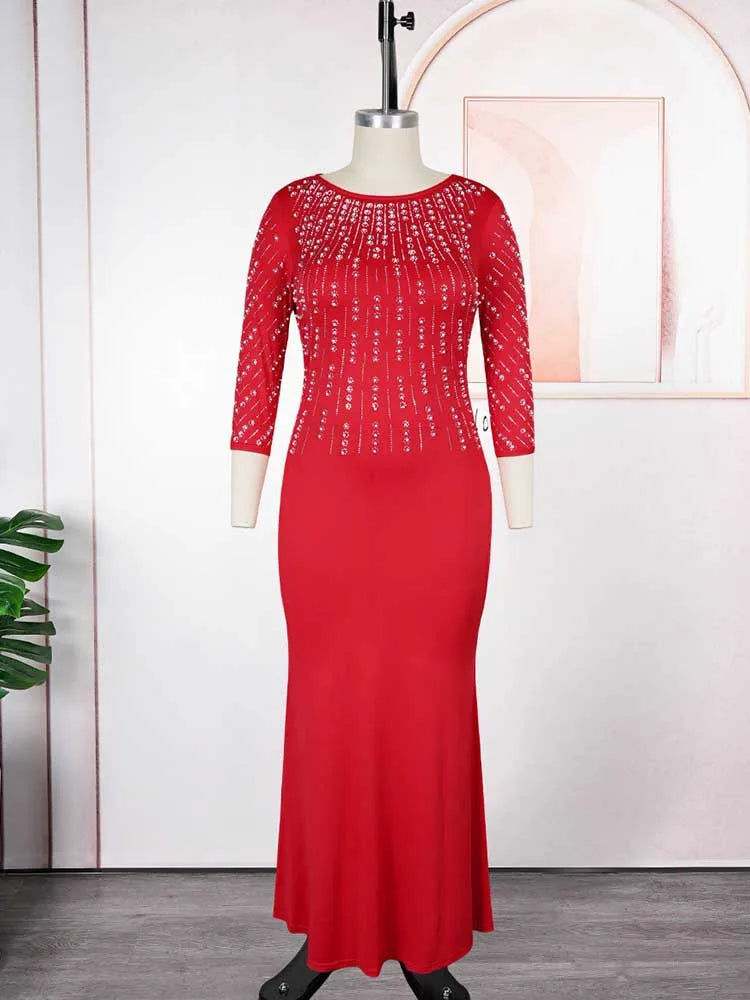 Maxy Plus Size Dresses for Woman Elegant Party Solid Color Diamond Long Evening Dresses Maxy Long Sleeve Dress