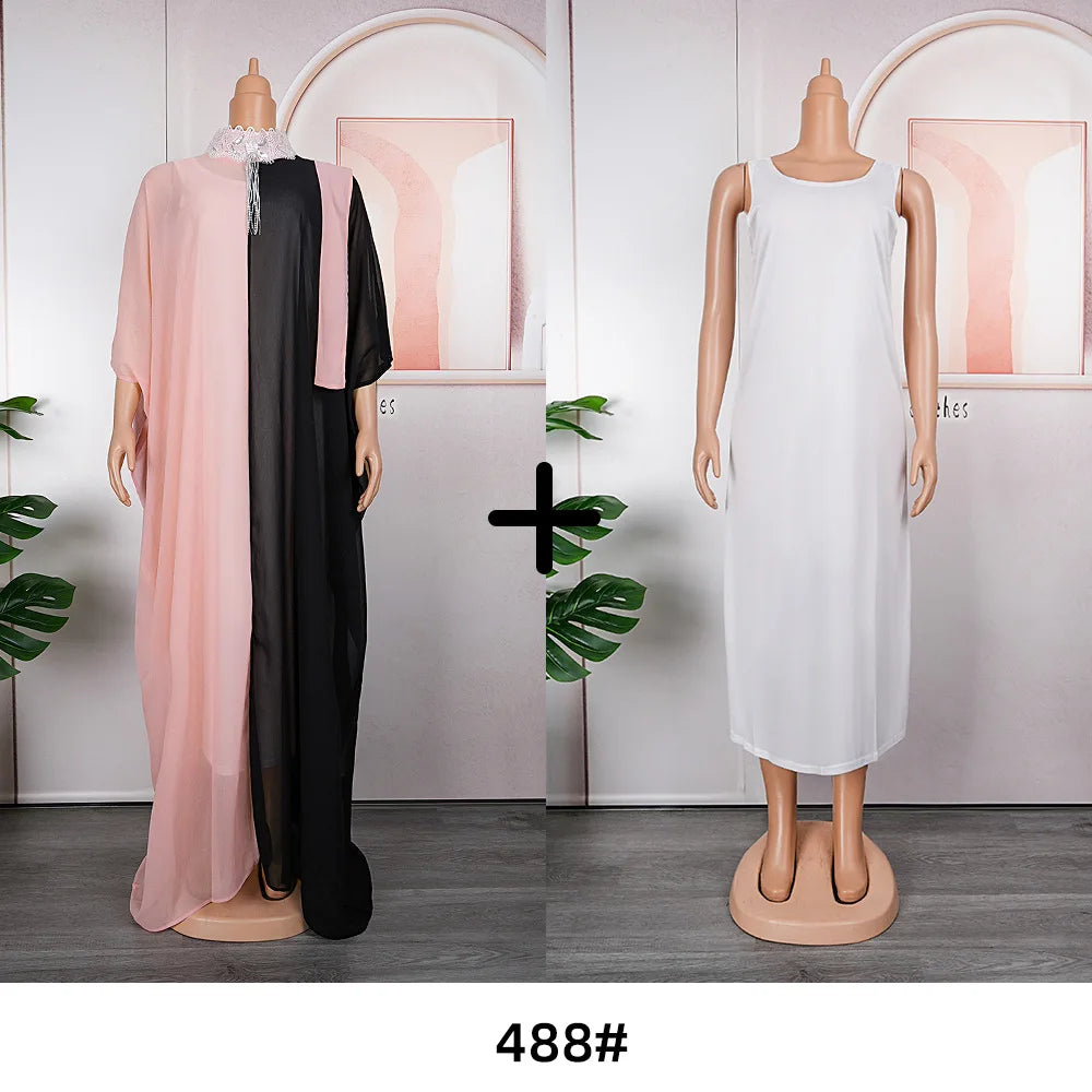 Maxy Loose Dress Contrast Color with Inside Vest Female Church Event Dresses Occasion Half Sleeves Elegant Classy Modest Summer New