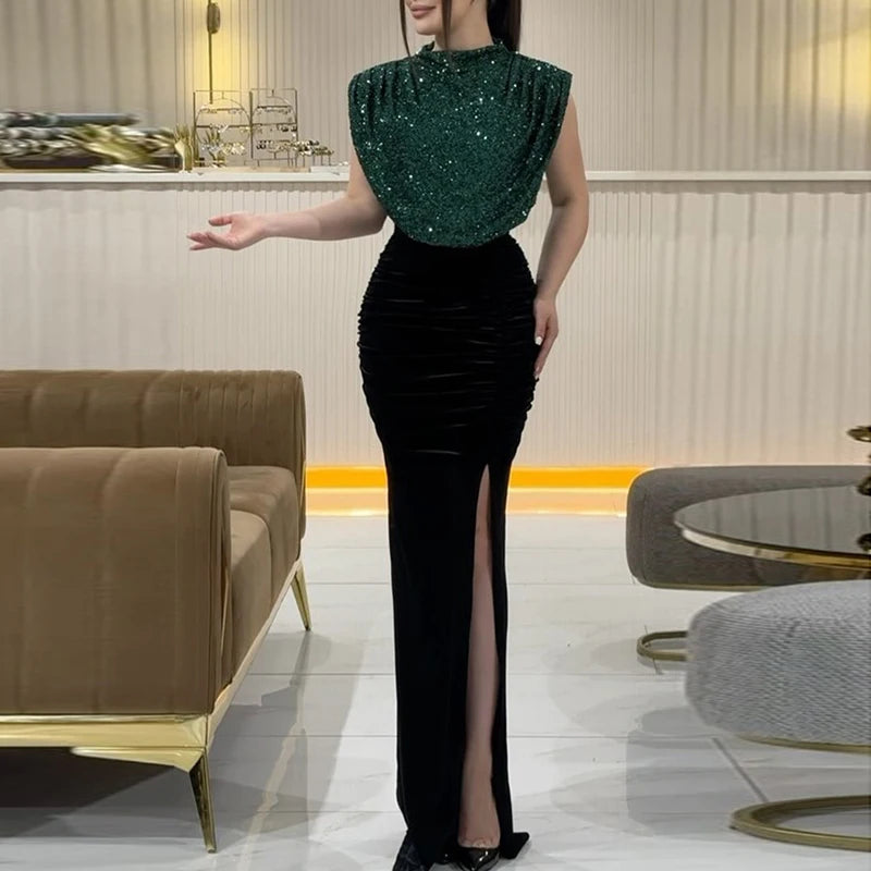 Maxy Lady Fashion Sleeveless Draped Split Dress Casual O Neck Sequin Splicing Party Dress New Year Elegant High Waist Long Dress