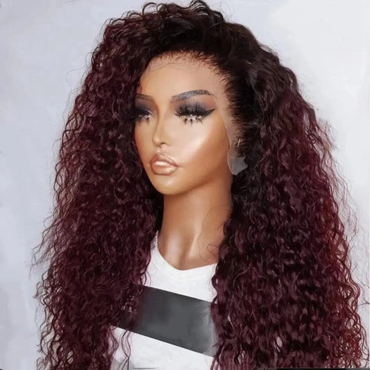 Maxy Long Soft Glueless Natural 99J Burgundy 26Inch Kinky Curly Pre plucked 180Density Lace Front Wig For Black Women Baby Hair Daily