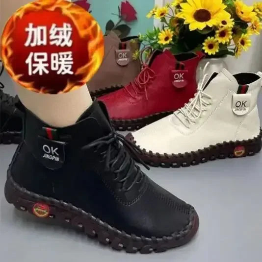 Maxy NEW Women Shoes Autumn Loafers Lace Up Sneakers Casual Flats Solid Soft Bottom Boots Leather High-Top Sneaker Female Shoes
