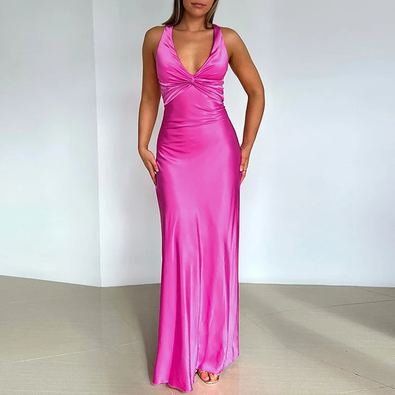 Maxy Elegant Sleeveless High Waist Summer Dress Satin Slim Solid Color Women's Long Dresses New Backless Bow Tie Up Party Dress