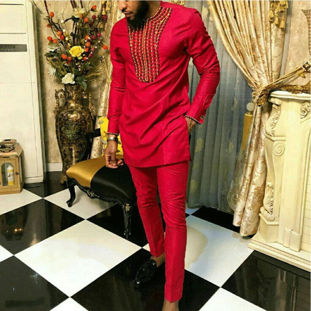 Amay New Kaunda Men's Set Fashionable and Elegant Men's Wedding Set Round Neck Long Sleeve Embroidered Men's Full Set Suit