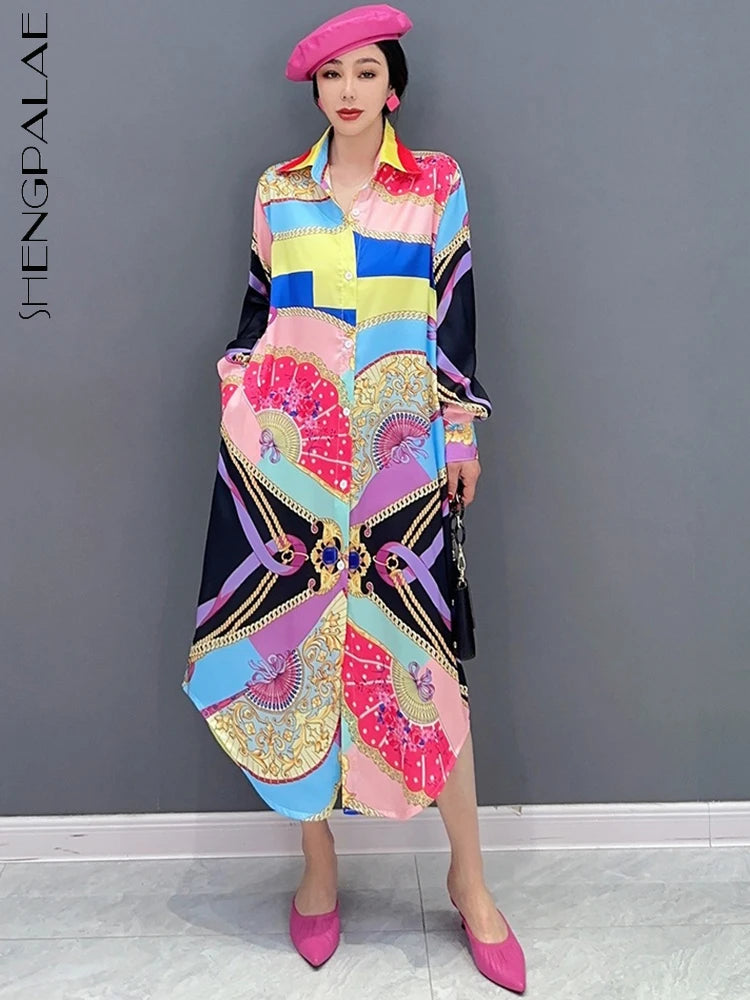 Maxy Fashion Shirt Dress for Women Korean Printed Colorful Pattern Stitching Loose Summer Clothes 5R1504