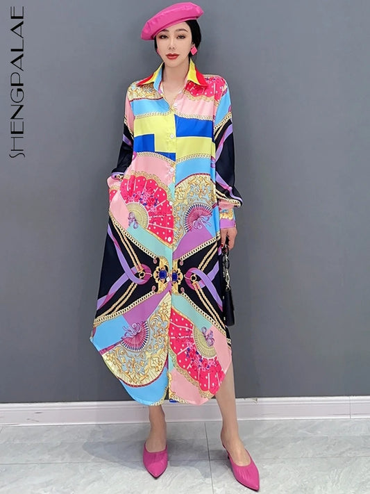 Maxy Fashion Shirt Dress for Women Korean Printed Colorful Pattern Stitching Loose Summer Clothes 5R1504