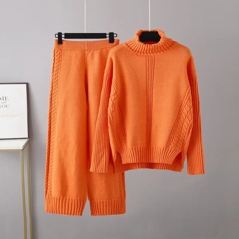 Maxy HLBCBG Cashmere Women Tracksuits Knitted Thick Women Turtleneck Sweater 2/Two Piece Sets Drawstring Harem Pants Suits Outfits