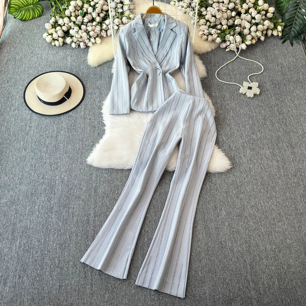 TWOTWINSTYLE New Striped Two Piece Set For Women Notched Collar Long Sleeve Coat High Waist Pant Casual Sets Female KSE518137