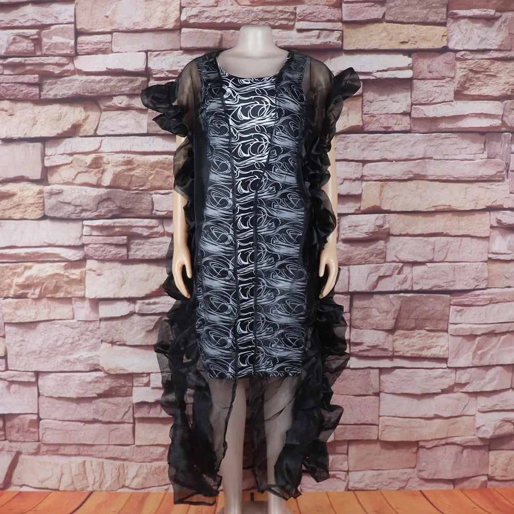 Maxy Dashiki African Evening Dresses for Fashion Women Mesh Ruffle Open Abaya Elastic Print Inner Dress Set Turkey Wedding Femme Gown
