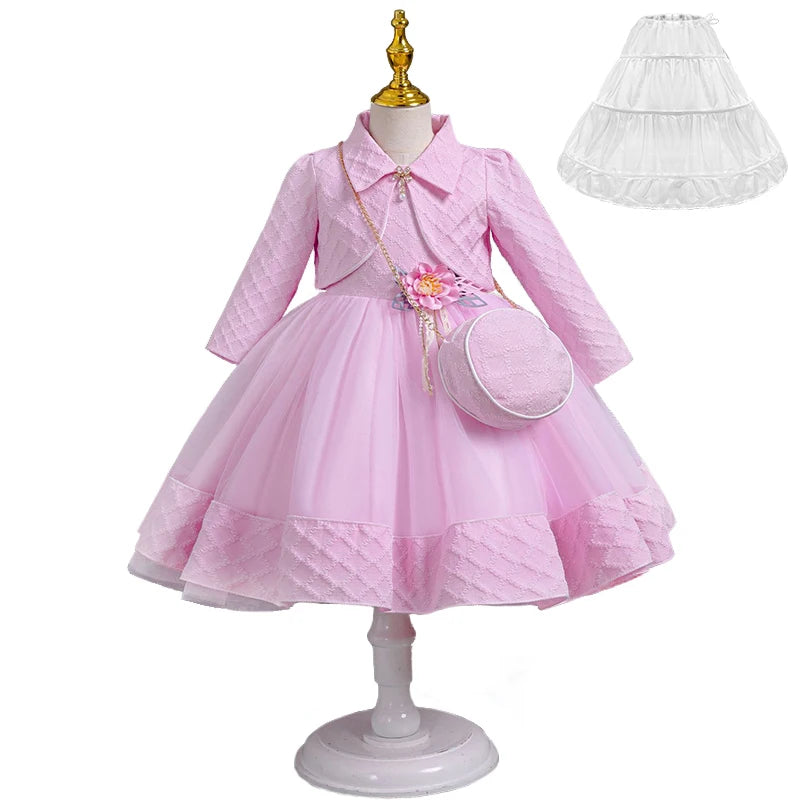 Babs 3Piece Fashion Girls Wedding Bridesmaid Full Sleeve Coat + Dress + Bag Clothing Set Formal Occasion Children's Communion Dresses